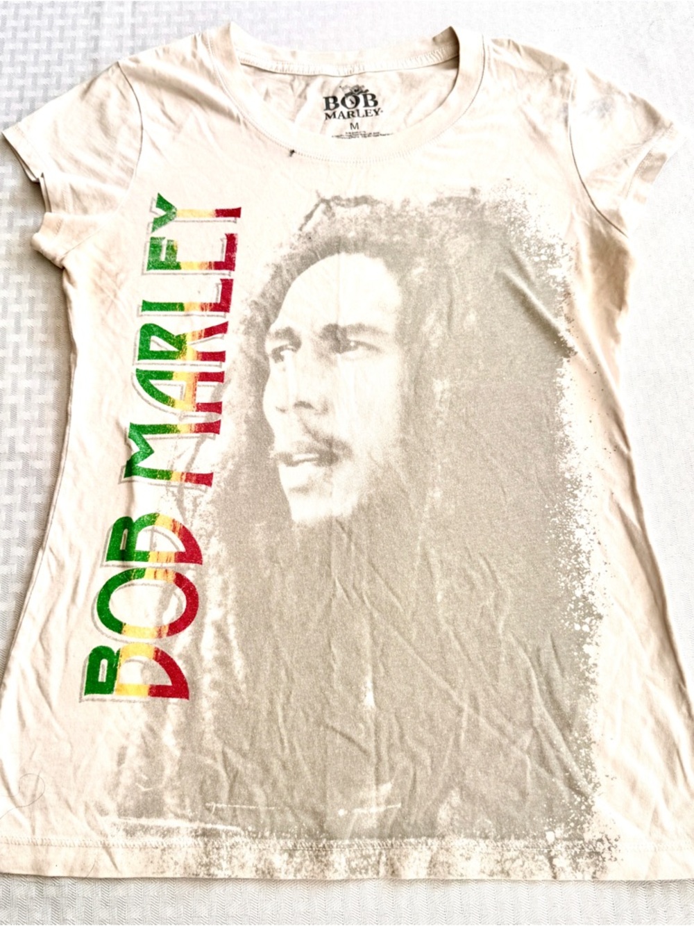 Bob Marley Portrait Graphic Tee Rasta Colors Reggae‎ Band Kids T Shirt Cream M